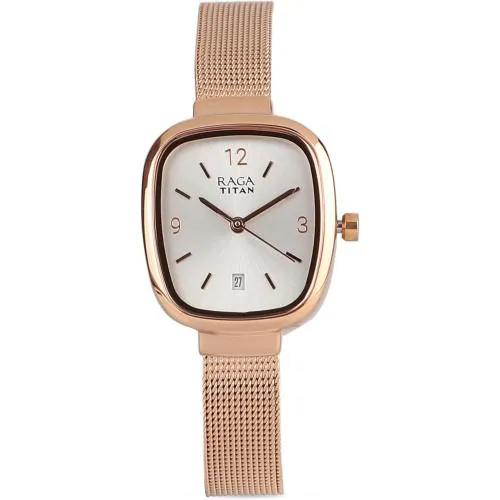 Titan Free Size Silver Dial Rose Gold Strap Analog Watch For Women - (2610WM01)