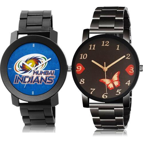 NEUTRON New Professional Mumbai Indians Squad (Mi) Ipl Chain And Sports Chain Black Colour Analog Metal Belt 2 Watch Combo For Boys And Men - IPL15-BCPL14