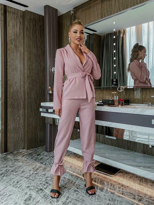 Women Pink Elegant Autum Polyester Blazer and Pants Set (M)