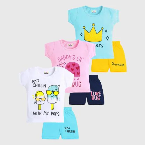 KUCHIPOO Girls Regular Fit Cotton T-Shirts and Shorts Set (KUC-BSUT-134, Multi-Colored)