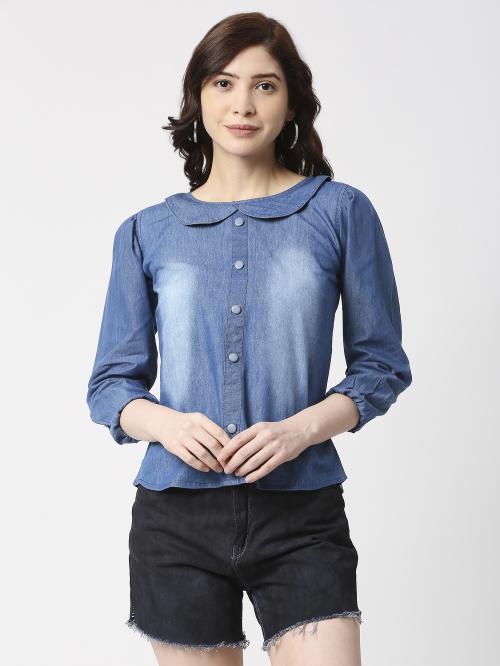 Cefau Women Denim Cotton Ballon 3/4sleeve Top