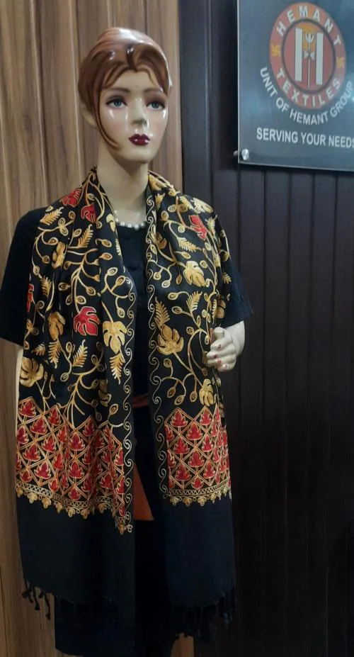 Embroidered kashmiri stole by Allure motifs, unisex stole , ethnic shawl, multicolor stole, Black color stole