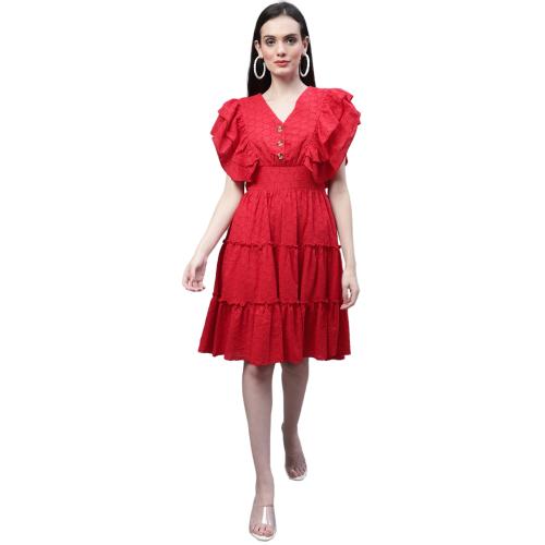 Marc Louis Flutter Sleeve Ruffled Cotton Schiffli Tired Fit & Flare Dress ML 2769 RED DRESS-L