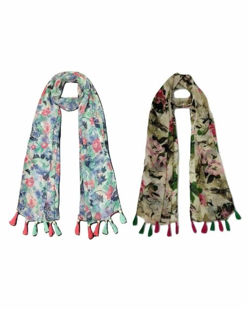 StoleVilla Women's Printed Chiffon Multicolored Scarf and Stoles with Tassels - Set of 2