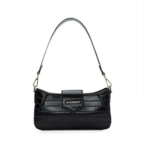 Miraggio Womens Black Faux Leather Shoulder Handbag