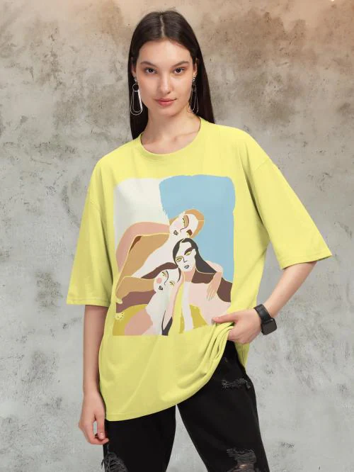 HELLCAT Yellow Trendy Printed Oversized T-shirt for Women