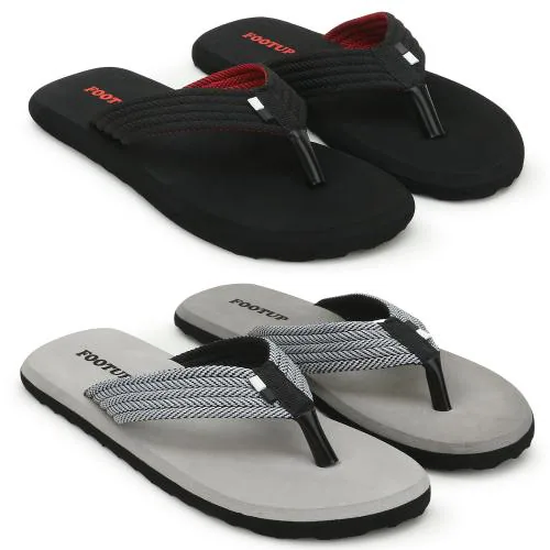 Footup Light Weight Black and Grey Slippers for Men (Pack of 2)