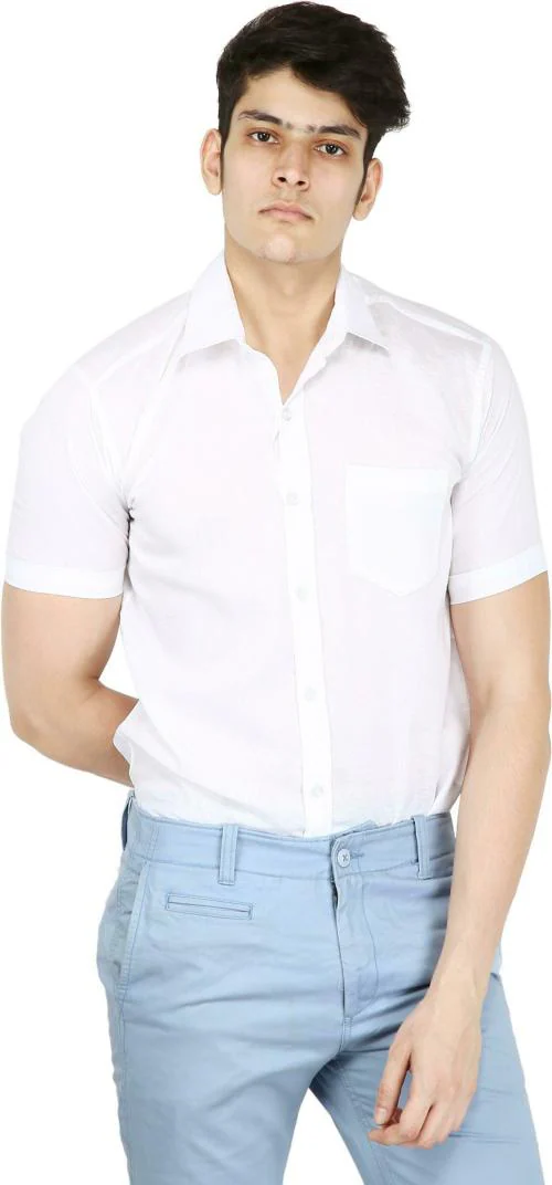 BASE 41 Men White Solid Cotton Linen Blend Casual Shirts