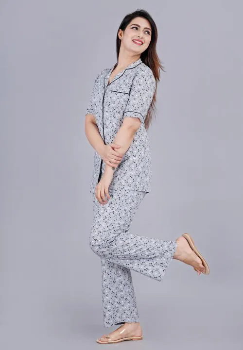 Mintmarie Women's Grey Printed Night Suit Shirt & Pajama Set_S