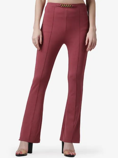 Regular Fit Onion Pink Solid Midrise Women Trouser ! Onion Pink Designer Chain Stretchable Self Design Pintex Wide Leg Trouser for Women