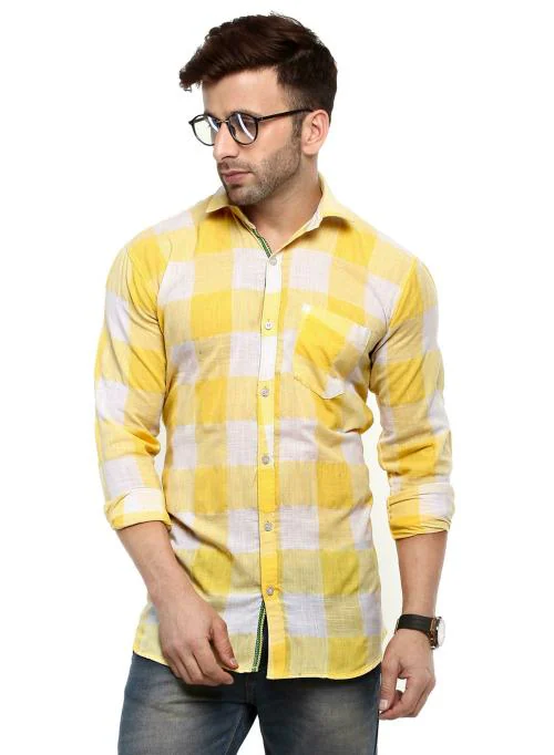 hangup Men Yellow Checkered 100% Cotton Shirt