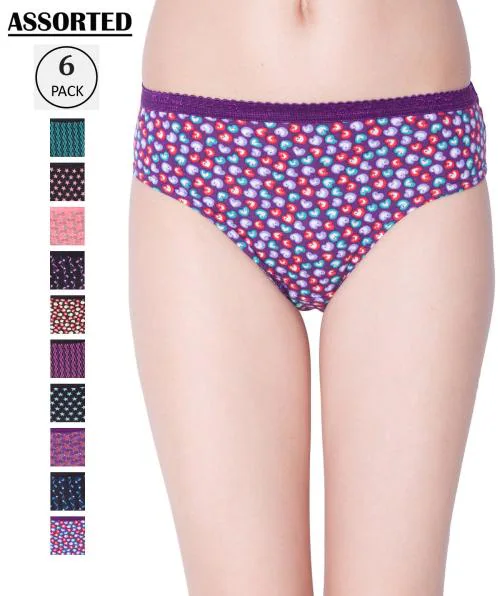 Dollar Missy Women Outer Elastic Deep color Printed Assorted Pack of 6 Hipster Panties