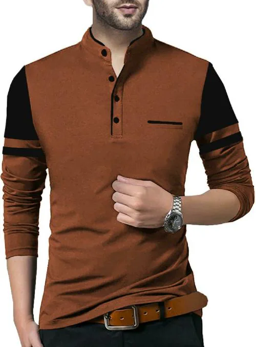 TRIPR Solid Men Mandarin Collar Brown, Black T-Shirt| T-Shirt For Men| Mens Tshirt| Printed Mens Tshirt | T-Shirt
