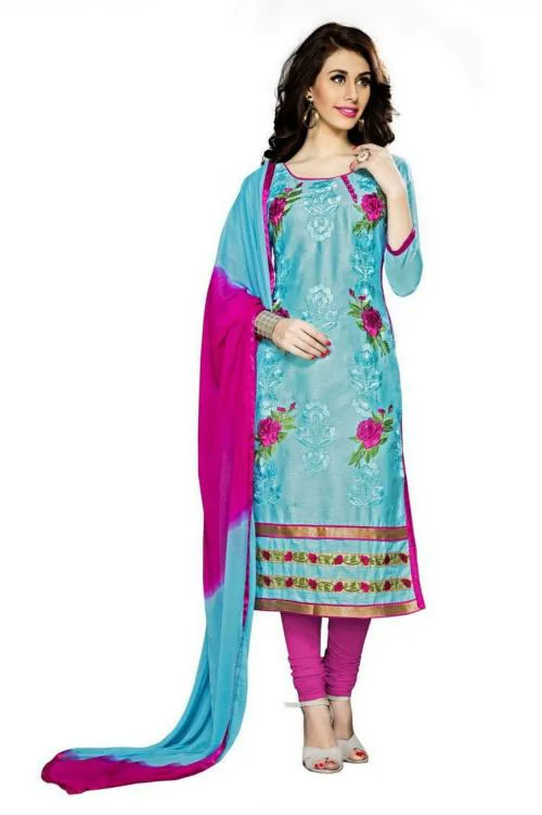 Sainoor Women Free Size Blue Embroidered Polycotton Semi-Stitched Dress Material