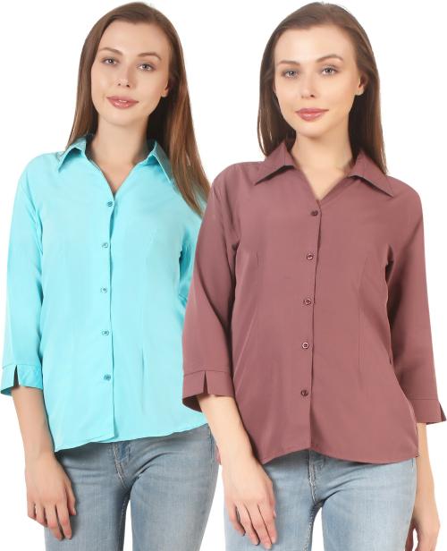 HUNOOR Womens Lavender and Sea Green Solid Polyester Pack of 2 Formal Shirt l women shirt l casual shirt for women