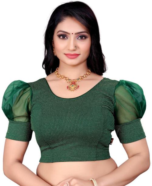 HAUTELOOK Women Green Embellished Lycra Blend Round Neck Blouse (L)