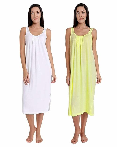 TWGE Cotton Full Length Camisole for Women - Long Inner wear Petticoat - Plus Size Nighty - Kurti and Suit Slip - White & Lemon Pack of 2