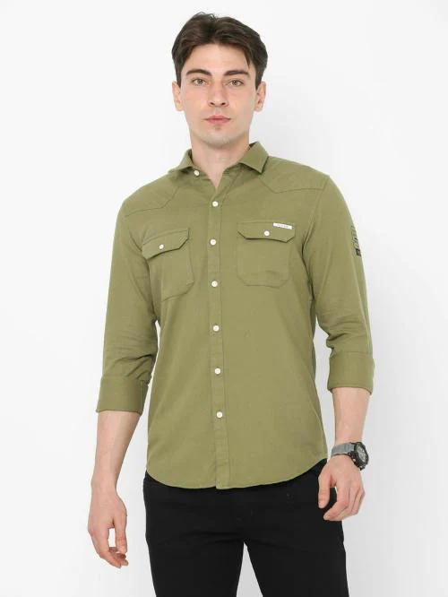 Fly69 Casual Men's Double Pocket Shirts Green Colour XXL Size | Slim Fit Casual Shirts | 100% Cotton Casual Shirts