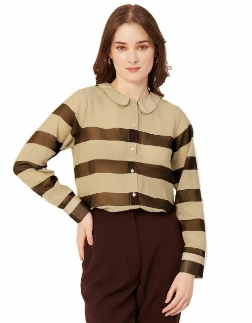 Moomaya Women’s Printed Peter Pan Collar Shirt, Long Sleeve Button Down Designer Shirt