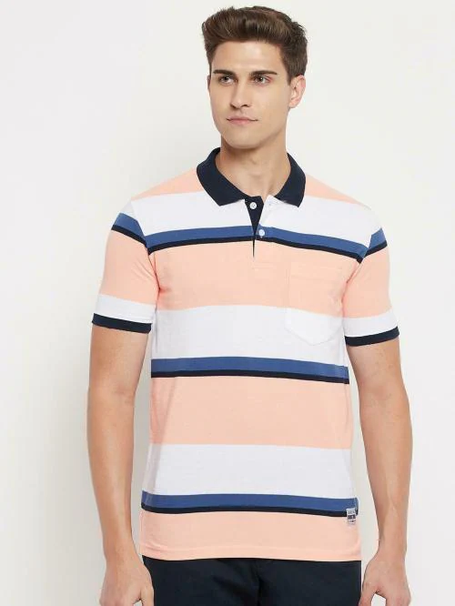Duke Men Peach Striped Polycotton Single Polo T-shirt
