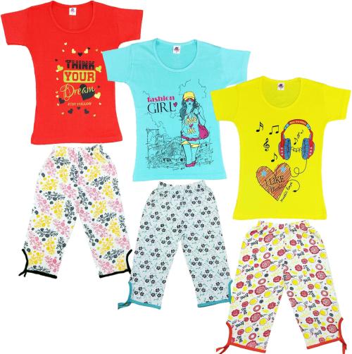 Crazyon Girls Multicolor Floral Pure Cotton Pack Of 3 T Shirt & Capri (9 - 10 Y)