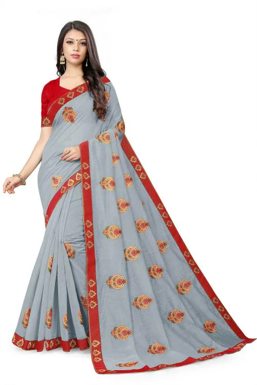 Vajiba Women Grey Embroidered Cotton Blend Wedding Chanderi Saree, Unstitched Blouse Piece