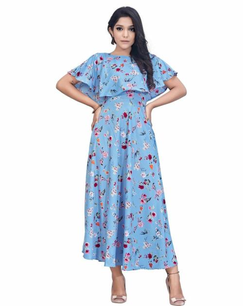 SANTOPERA DESIGNER Women Light Blue Printed Crepe Anarkali Kurta - M