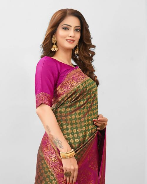 AFORMI Woven, Printed Banarasi Pure Silk Saree Mehandi Colour