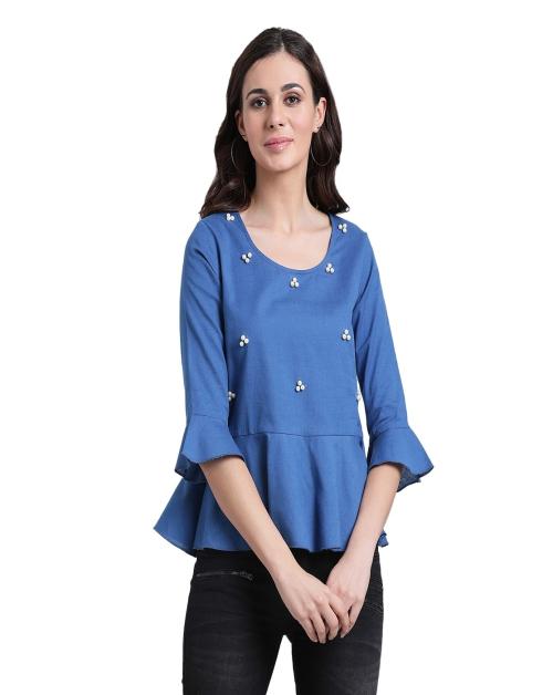 Blue Scoop Neck Frill Top