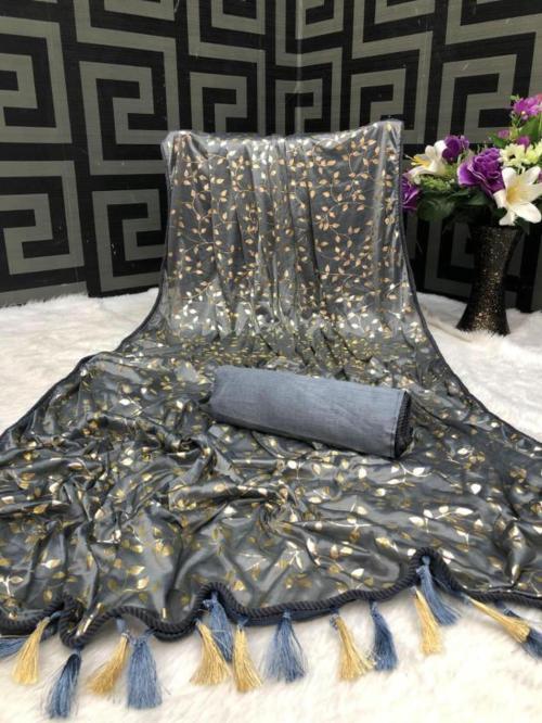 MANGROLIYA IMPEX Women Grey Printed, Self Design Lycra Blend Lucknow Chikankari Saree