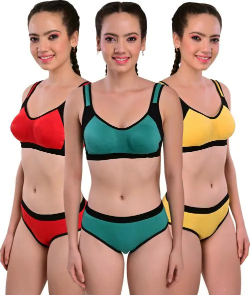 Yana Women Yellow, Green, Red Solid Cotton Blend Set Of 3 Bra And Panty (36)