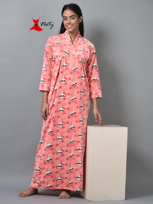 Noty Women's- Winter Nighty- Fluffy Knit Rugs Fabric- Printed Full Sleeves with zip & pocket Orange