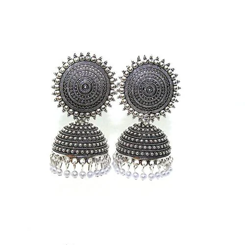 Style Viva Stylish Silver & Black Jhumka Earrings Round with Beads Latkan