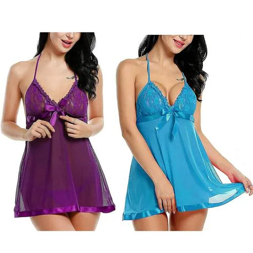 FASHION BONES Baby Doll Nightwear Robe | Kimono Lingerie | Negligee | Sleep Dress & Bra Panty Hot Sexy for Honeymoon, First Night, Anniversary for Women, Ladies & Girls (Purple & Sky Blue) (Free Size)