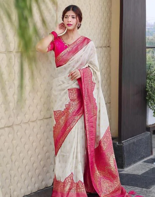 Satrani Art Silk Pink & Off-White Color Poly Silk Saree with Blouse piece | sarees for Women| saree | sarees