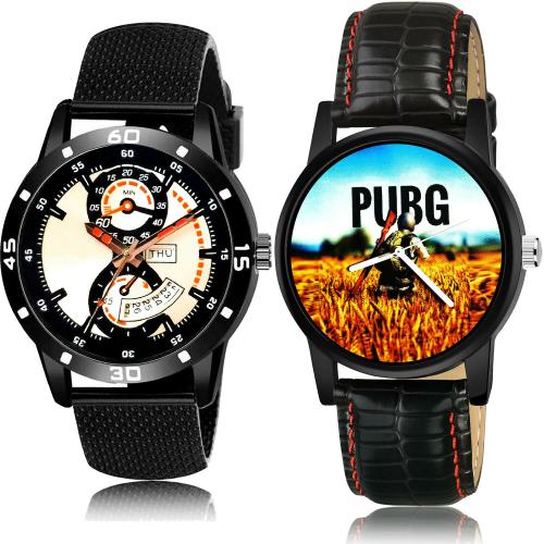 NEUTRON Classical Valentine Day And Date And Pubg Military Army Black Colour Analog Plastic And Genuine Leather Belt 2 Watch Combo For Boys And Men - BL46.56-B476