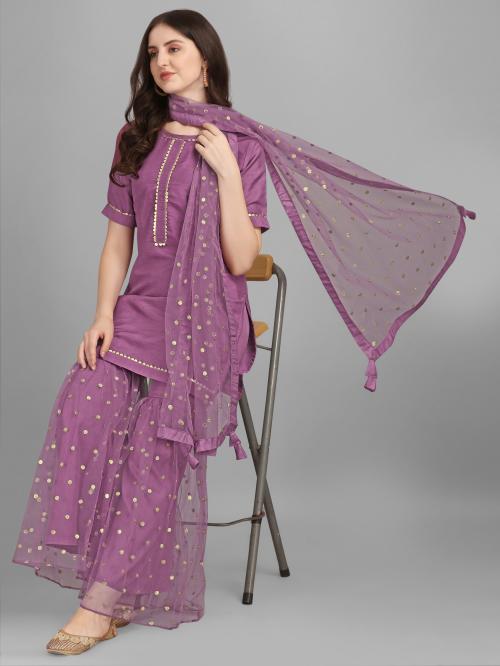 Modestouze Attires Women's Sequined Kurta And Palazzo Set With Net Dupatta (Purple) (MAJK46SQ)