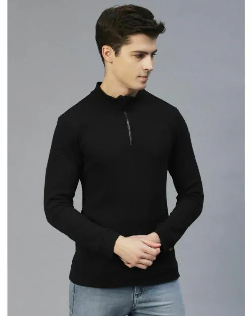 Rigo Men Black Henley Neck Full Sleeves Waffle Knit T-shirt