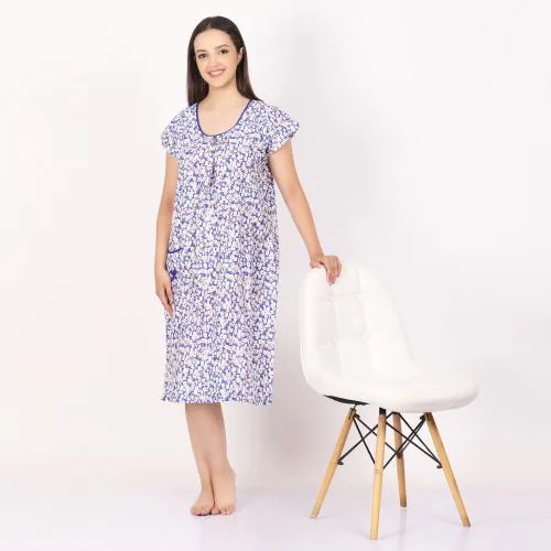 Breezly Woman's Long Short Calf Length Cotton Nighty l Blue