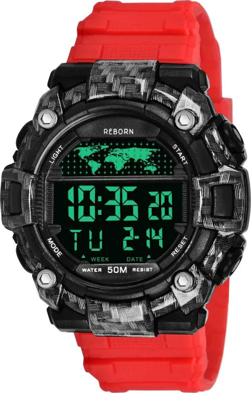 Reborn Digital Watch Black Dail Red Strap Wrist Digital Watch for Men