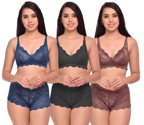 PIBU Trendy Style Blue,Black,Maroon Bra Panty Set For Women Lingerie Set Pack of 3