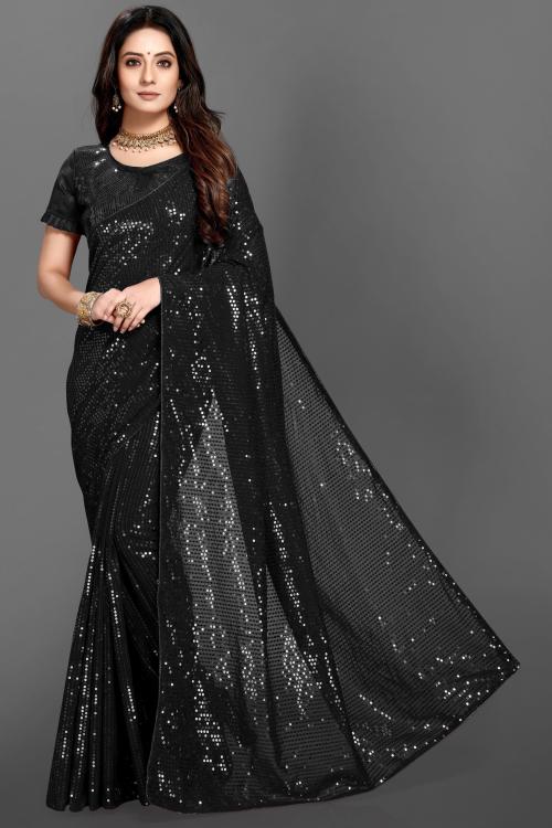 Niroxy business Women Black Embellished Georgette Saree