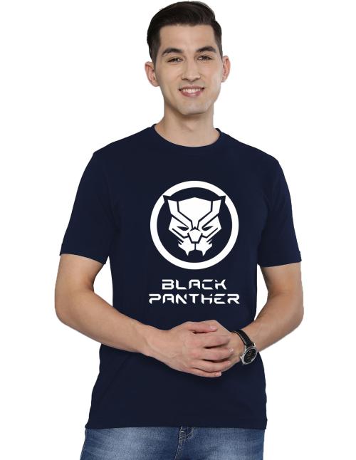 Organic Chics Black Panther Printed Navy Blue Round Neck Half Sleeve Cotton Regular Fit Men Tshirt - (XL)