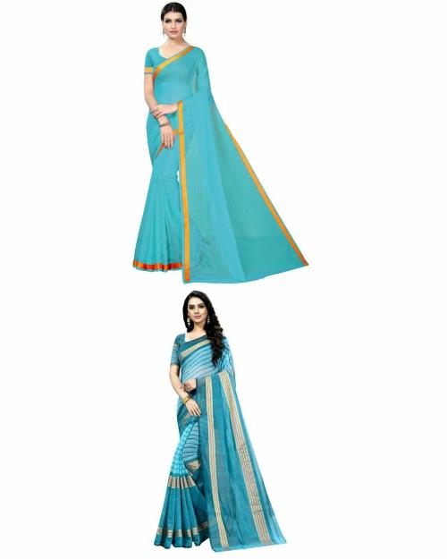 Vkaran Women's Light Blue & Firozi Colour Cotton Silk Saree With Blouse pack of 2