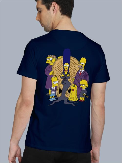 BLISSINK SIMPSON Front And Back Printed Navy Blue Cotton Tshirt for Men