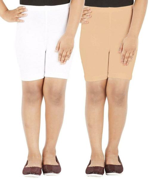 Lula Girls Tan and White Solid Cotton Spandex pack of 2 Shorts (9-10 Years)