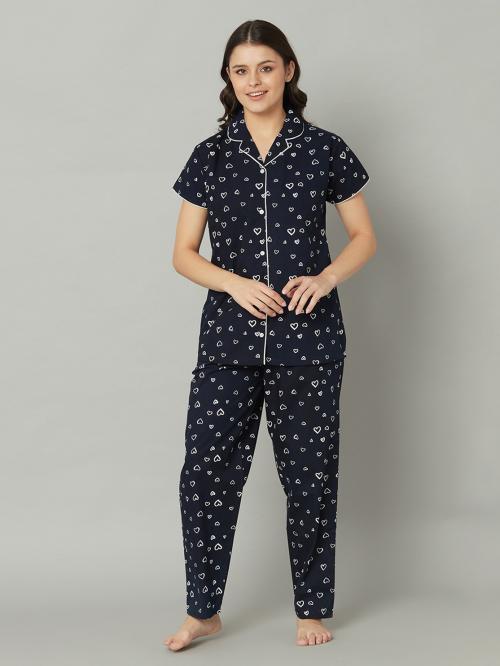 TRUNDZ Women Dark Blue Printed Cotton Shirt and Pyjama set