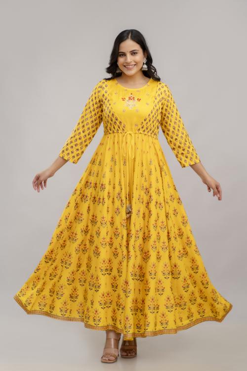 ftDiva Women's Rayon Embroidered Anarkali Kurta in Yellow