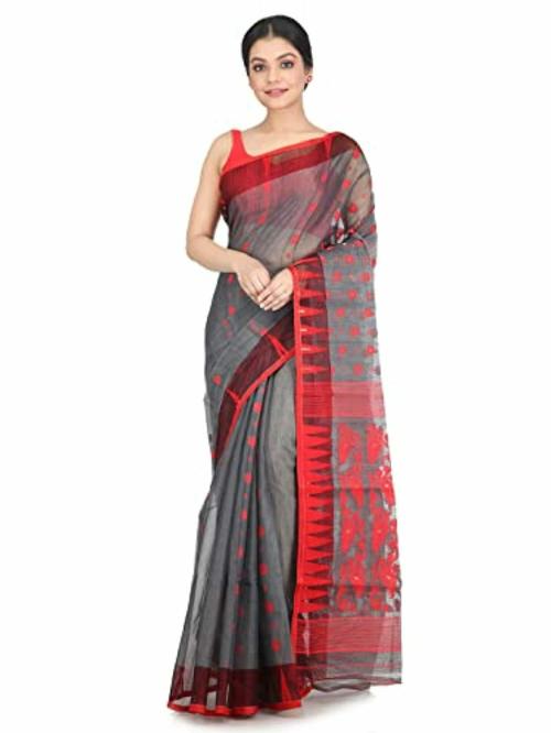 PinkLoom Women Grey and Red Woven Pure Cotton Jamdani Saree Without Blouse Piece