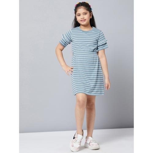 Stylobug Girls Blue 80% Cotton & 20% Polyester Round Neck Knee Length Casual A-line Dress